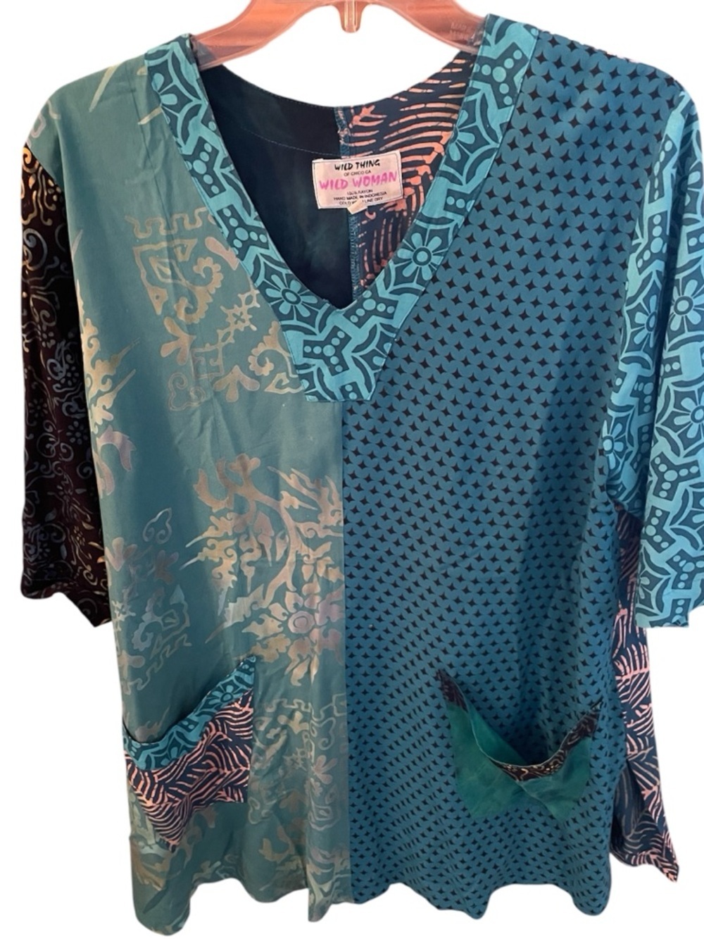 Teal Patchwork V-Neck Women's Top In Vibrant Patterns, size Medium.